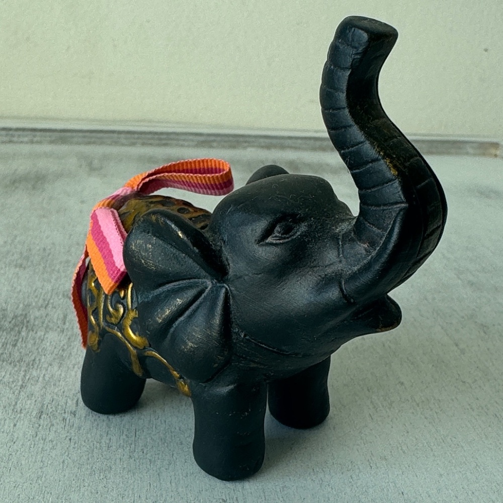 Elephant Black Feng Shui Figurine Trunk Raised Elephant W Bow 3” Long
